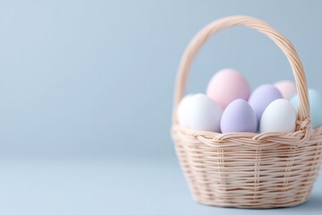 Naklejka premium detailed close-up of basket handle wrapped in ribbons with pastel easter eggs visible inside creating clean and minimalistic