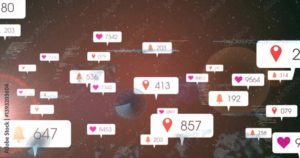 Poster animation of social media notifications and location icons on digital world map