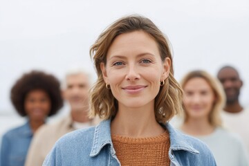 diverse group of people of various ethnicities genders and ages standing together facing camera with calm expressions
