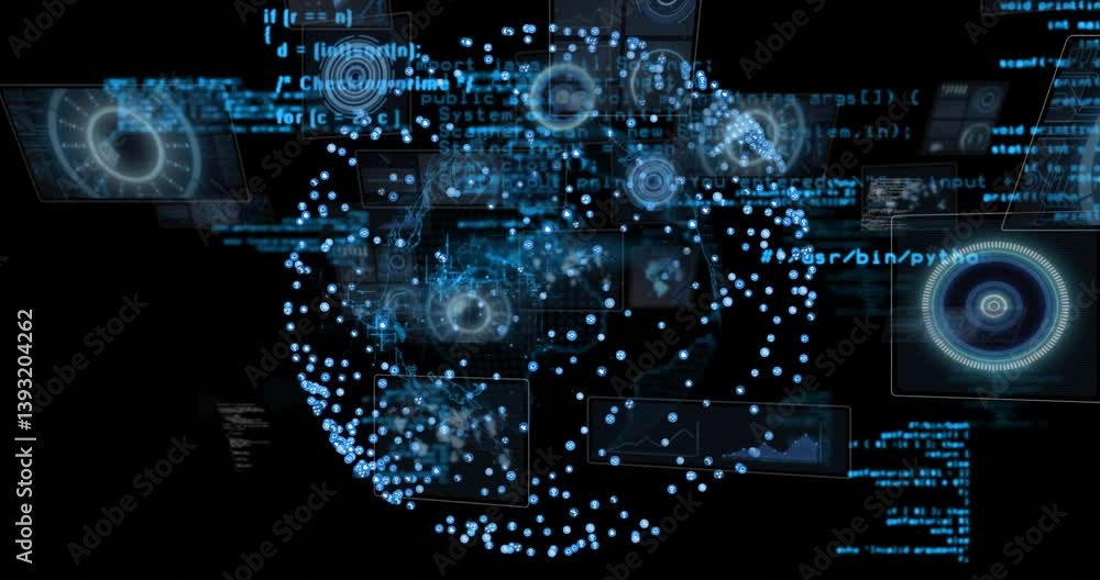 Poster animation of digital data forming complex network connections in spherical structure