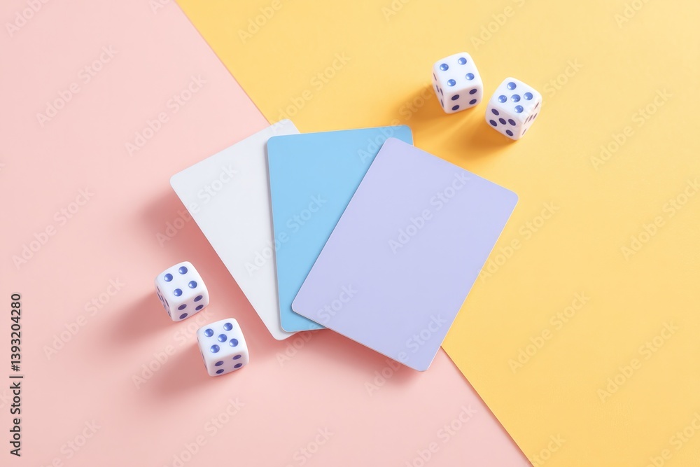 Aufkleber flat lay of game cards dice and player tokens on colorful board with soft lighting