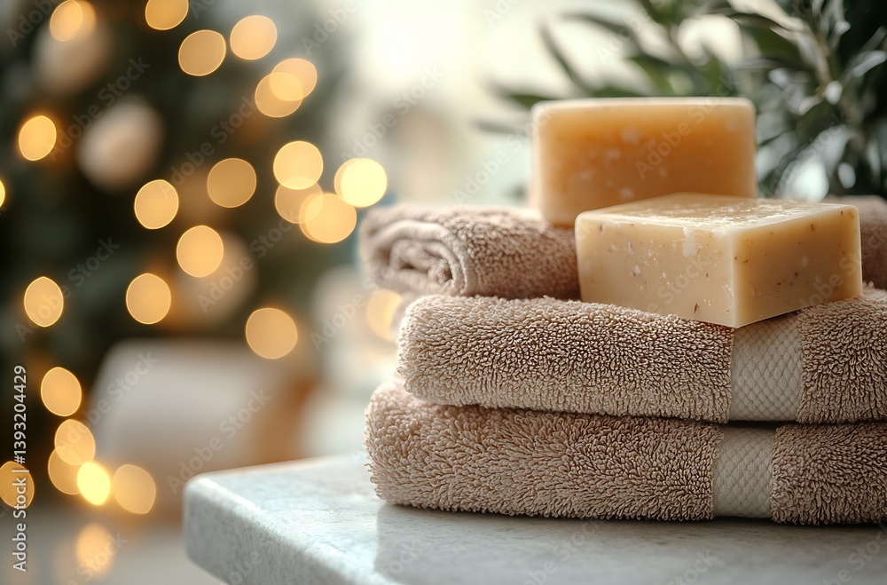 Poster Relaxing spa moment featuring soft towels and natural soap in a softly lit setting : Generative AI