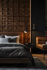 A bedroom with a wooden headboard and a tan leather chair
