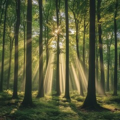 Obraz premium image of an enchanted forest where sunbeams break through a dense canopy isolated on a plain background