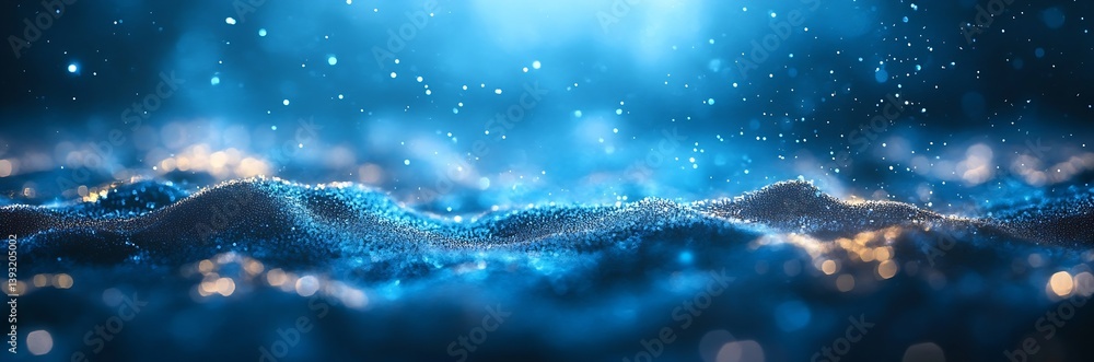 Poster Enchanting Blue Abstract Particle Wave with Golden Highlights Creating a Dreamy and Futuristic Landscape : Generative AI