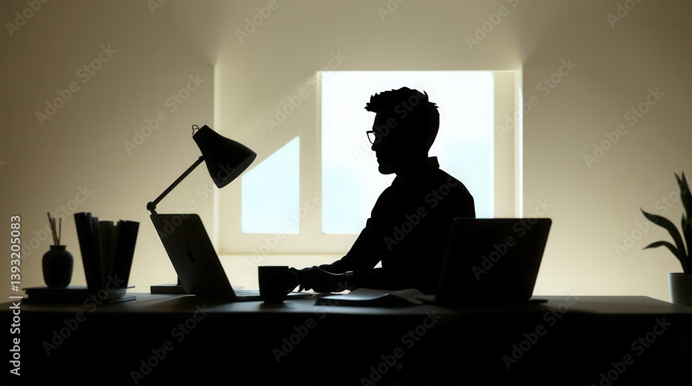 Poster silhouette of a man working on a laptop at a desk by a window, emphasizing remote work and concentra