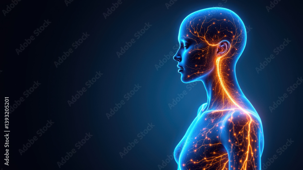 Aufkleber a vivid graphic representation of a human with highlighted nervous system pathways, focusing on vns 