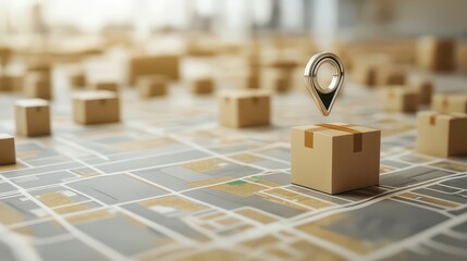 Location pin pointing cardboard box on city map for parcel tracking
