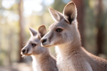 Fototapeta premium kangaroo and koala together in serene eucalyptus forest natural sunlight filtering through trees