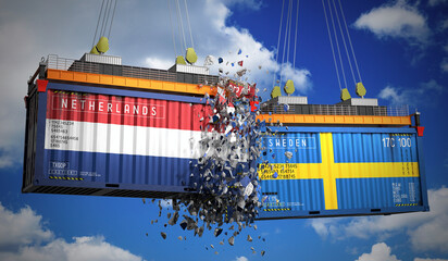 Cargo containers with flags of Netherlands and Sweden - 3D illustration