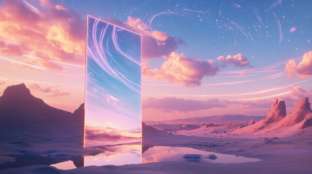 Futuristic Mirror in Surreal Sunset Desert Landscape