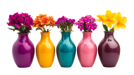 Colorful vases filled with vibrant flowers arrangement, cut out transparent