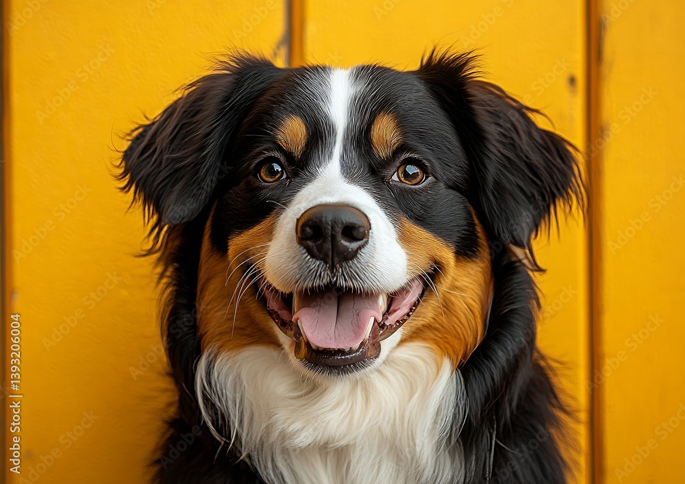 Poster bernese mountain dog portrait with yellow background adorable canine close up with playful expressio