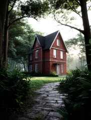 Secluded Brick House in the Woods - A charming red brick house nestled amidst lush greenery, a stone pathway leading to its entrance