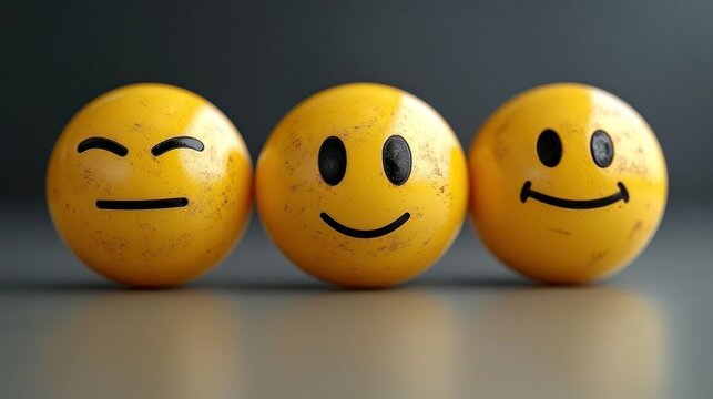 Three emoji spheres, showcasing various moods
