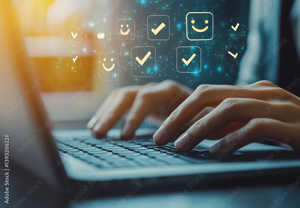 Poster customer satisfaction survey feedback data analysis typing laptop with positive smiley faces and che