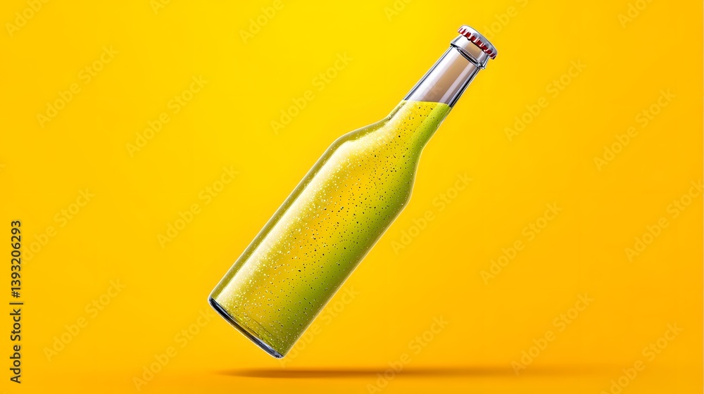 Poster refreshing elixir: a captivating visual of a single bottle with a vibrant yellow-green beverage agai
