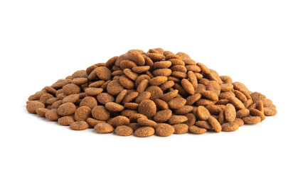 Heap of Dry dog food pellets isolated on white background