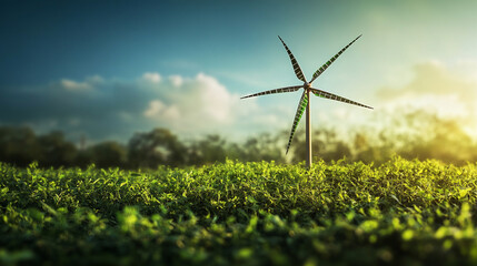 A serene landscape featuring a wind turbine amidst lush green grass, under a bright blue sky at sunset
