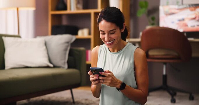 Typing, fitness and woman with smartphone, home and research for exercise routine, laugh or living room. House, healthy and mature person with mobile for workout tips, happy or social media in lounge