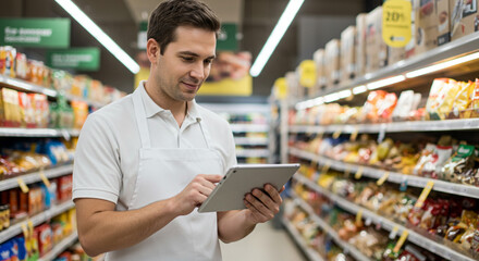 A focused supermarket employee efficiently managing inventory using a tablet in a brightly lit grocery aisle, showcasing modern retail technology.