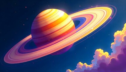 Naklejka premium A digital painting of a swirling, colorful planet in space, with a ring system. The planet is composed of layers of yellow, orange, pink, purple, and blue, with a bright yellow center