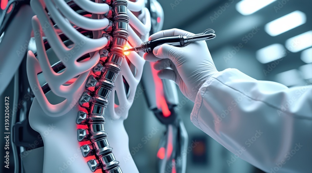 Poster a futuristic scene depicting a robotic spine being worked on, showcasing advanced technology in a cl