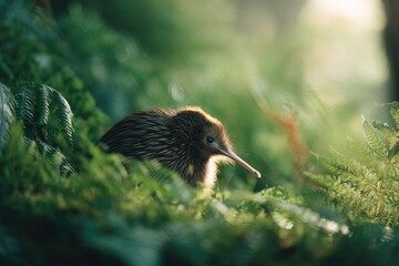 lone kiwi bird foraging at dawn in new zealand forest light filtering through native ferns
