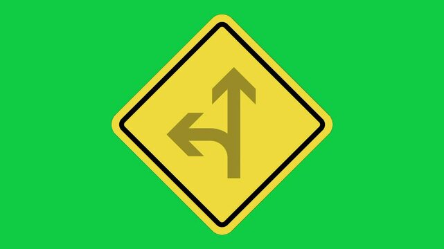 Road Split for Left Side Ahead Warning Sign Animation, Yellow Diamond Traffic Alert on Green Screen in 4K