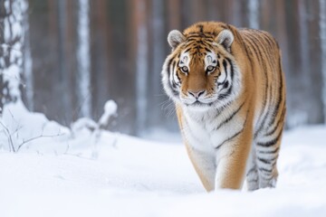 lone siberian tiger prowls snow-dusted forests of russia its piercing eyes scanning serene landscape for any sign of