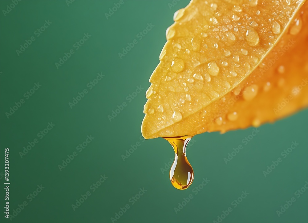 Aufkleber Golden Drop Close Up of Water Droplet Hanging from Edge of Vivid Yellow Leaf Against a Calming Green Background : Generative AI