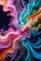 Obraz premium Dynamic fusion of luminous liquids swirling into dreamlike patterns with radiant pink, blue, green, and gold pigments against dark backdrop Generative AI