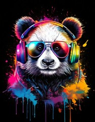 Colorful watercolor punk panda with sunglasses and headphones