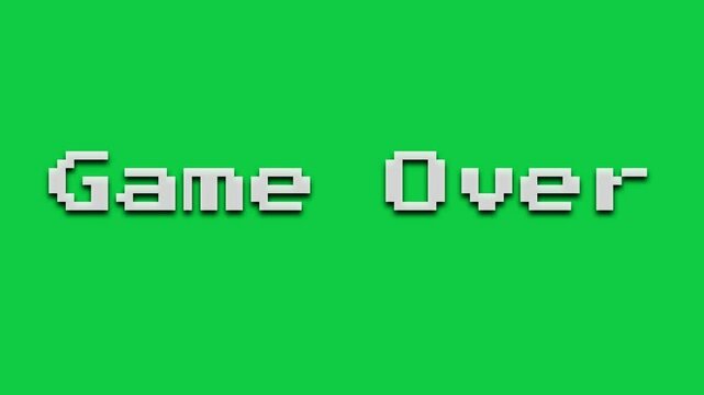 Game Over Text Animation, 4K Glitch, Pixel, or Retro Style Motion Graphic on Green Screen Background