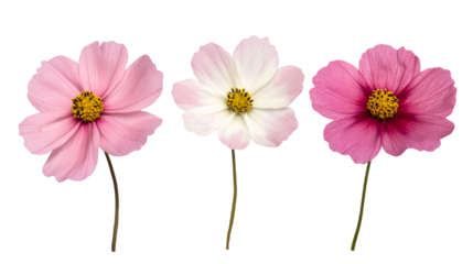 Three cosmos flowers on black background, cut out transparent