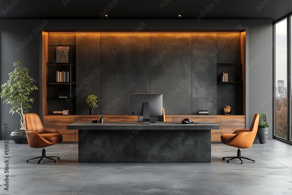 Poster Modern Office Interior Design with Desk Chairs and Bookshelves in a Corporate Workspace Setting : Generative AI