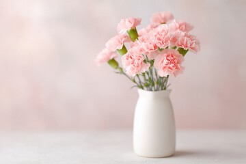 minimalist bouquet of fresh pink carnations elegantly placed in simple white vase against soft pastel background embodying