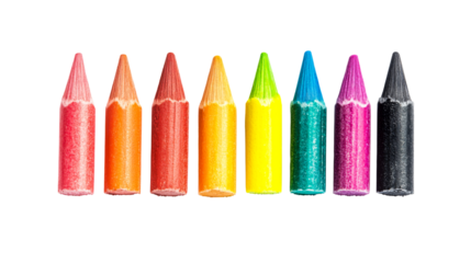 Row of vibrant, colorful pencils, arts and crafts tools , cut out transparent