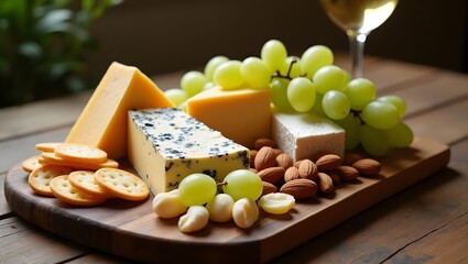 Cheese board with crackers and grapes on rustic table with white wine