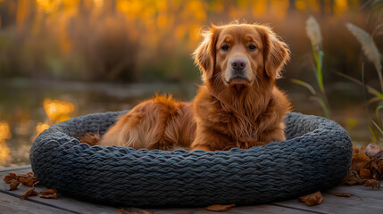 golden retriever rests comfortably in woven dog bed outdoors, surrounded by autumn leaves and serene background. warm, golden hues create peaceful atmosphere