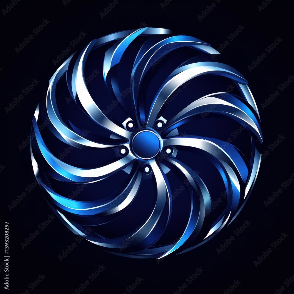 Poster intricate geometric pattern with blue metallic blades in a dark space setting