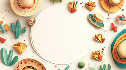 Cute circular frame with sombreros, tacos, and cacti. Simple clipart, white background, low detail.