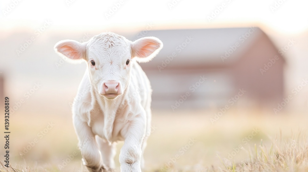 Poster moving capture of newborn calf attempting its first steps soft-focus barn backdrop providing clean a