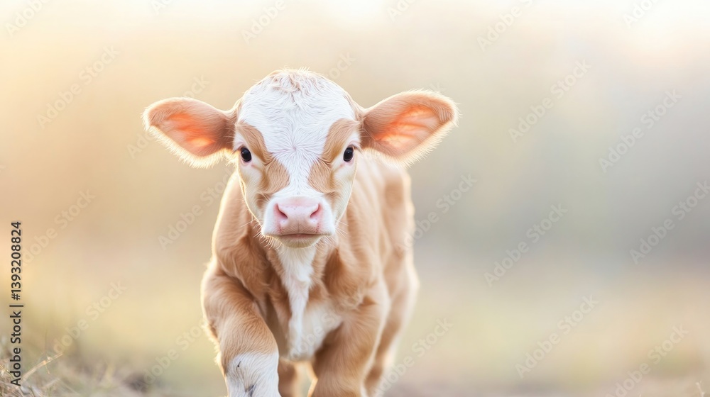 Poster moving capture of newborn calf attempting its first steps soft-focus barn backdrop providing clean a
