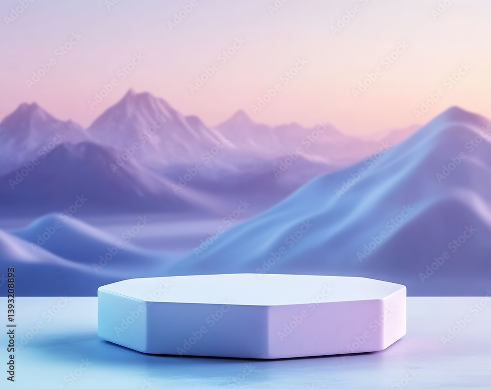 Leinwandbilder Dreamy Snowy Landscape with Soft Pastel Tones and a Hexagonal Platform Amidst Imposing Mountains : Generative AI