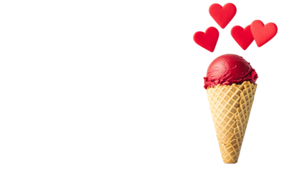 Berry ice cream cone with red hearts on black, cut out transparent