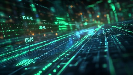 Futuristic Data Stream Green Digital Information Flowing on Abstract Grid Network HiTech Cyber Space with Numbers and Lines : Generative AI