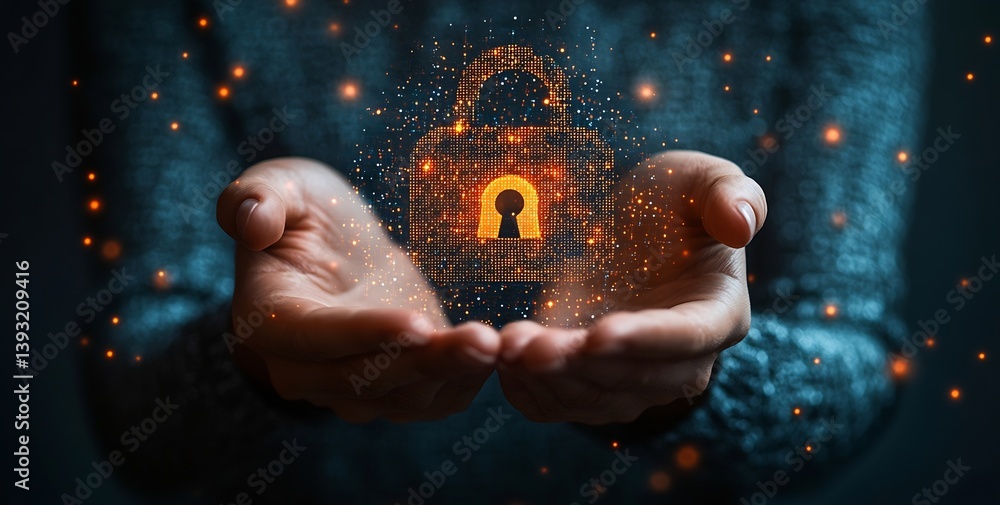 Aufkleber Cyber Security Digital Lock Data Protection on Hands Internet Safety Network Privacy Secure System Technology : Generative AI