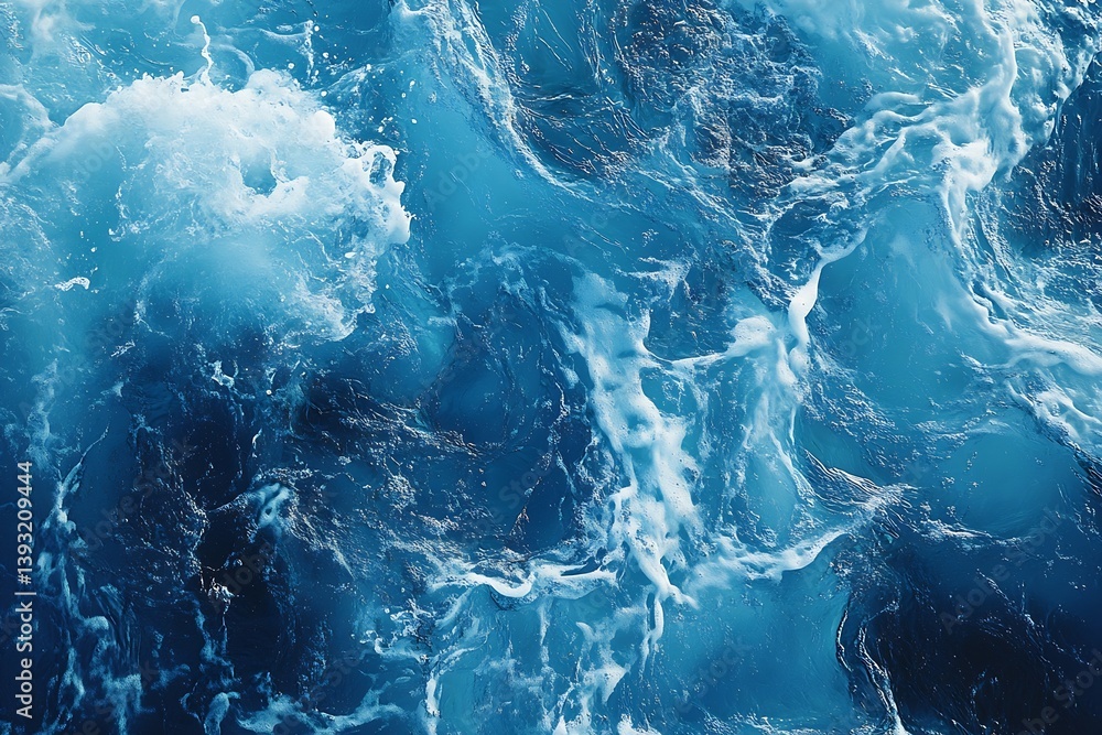 Poster ocean blue water swirls and foam textures high angle view stunning natural background deep sea waves