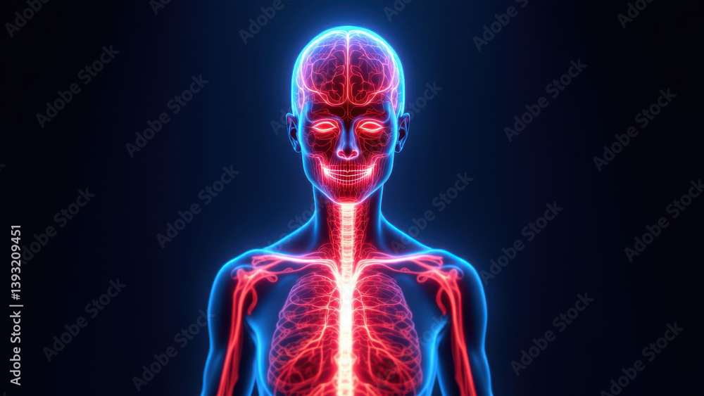 Poster a close-up image of a human head with an enhanced view of the brain and inner neck structures, highl